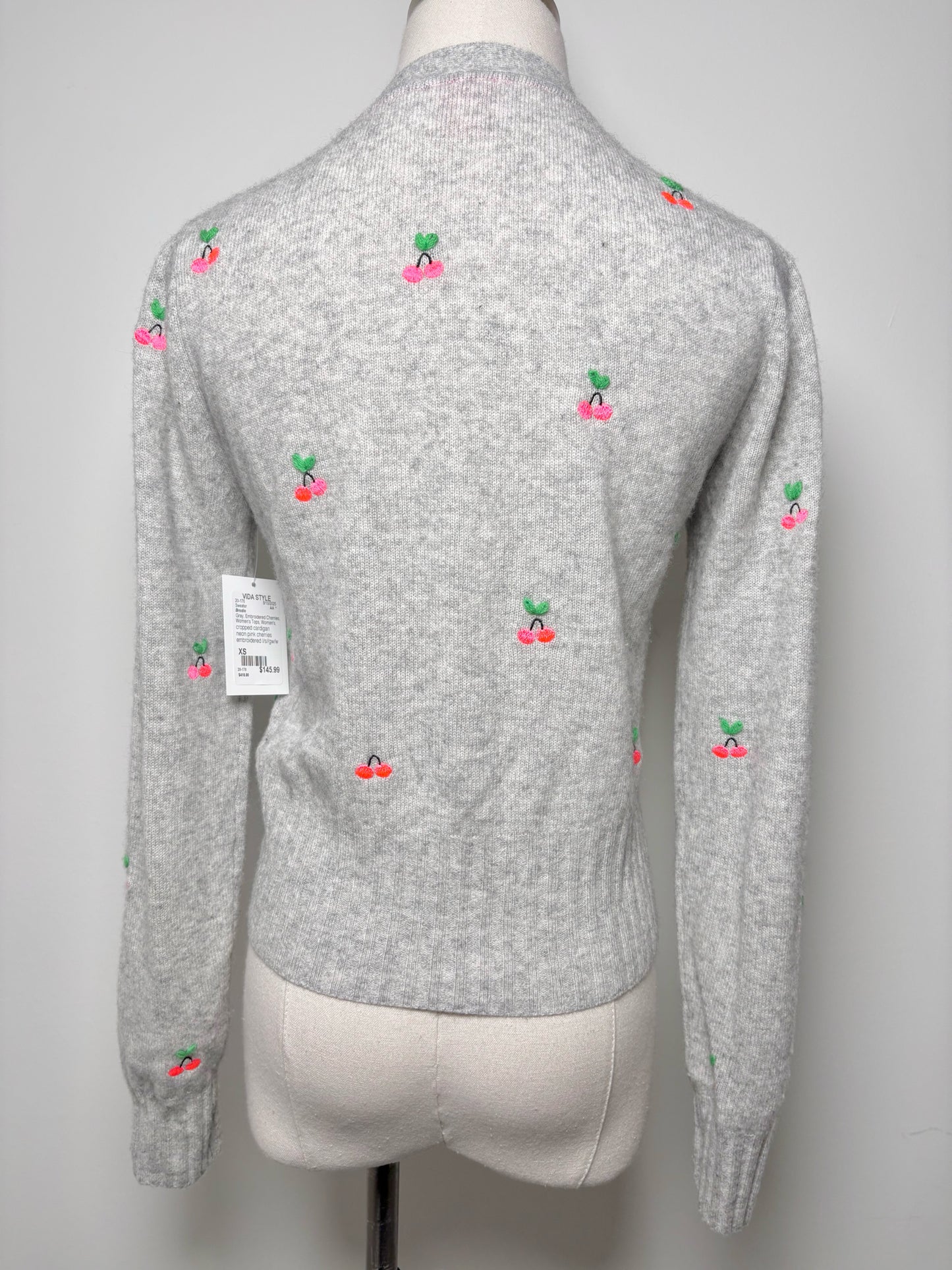 Women Size XS Brodie Gray Embroidered Cherries Cashmere Sweater