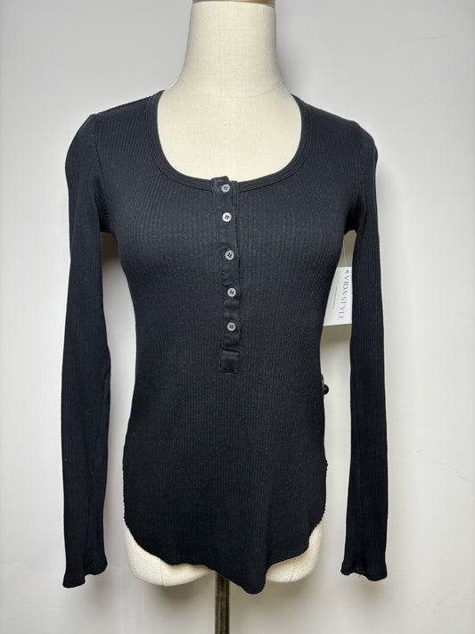Women Size XS Xirena Black Cotton LS Ribbed Henley Top