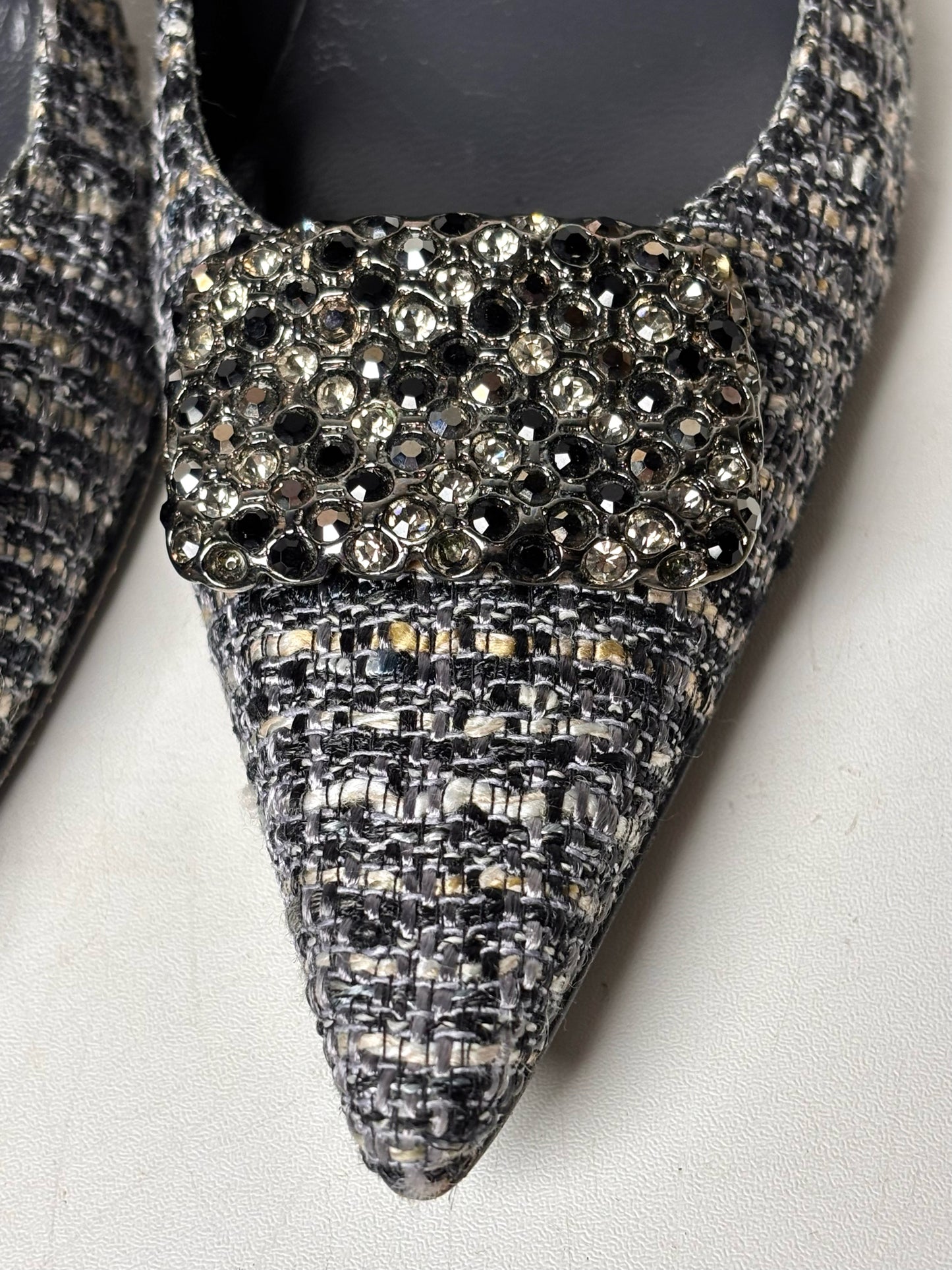 W Shoe Size 8.5 Stuart Weitzman Black, Gray Tweed Rhinestone Buckle Heels