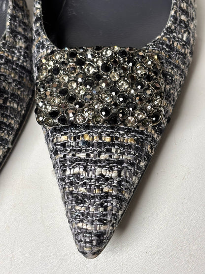W Shoe Size 8.5 Stuart Weitzman Black, Gray Tweed Rhinestone Buckle Heels
