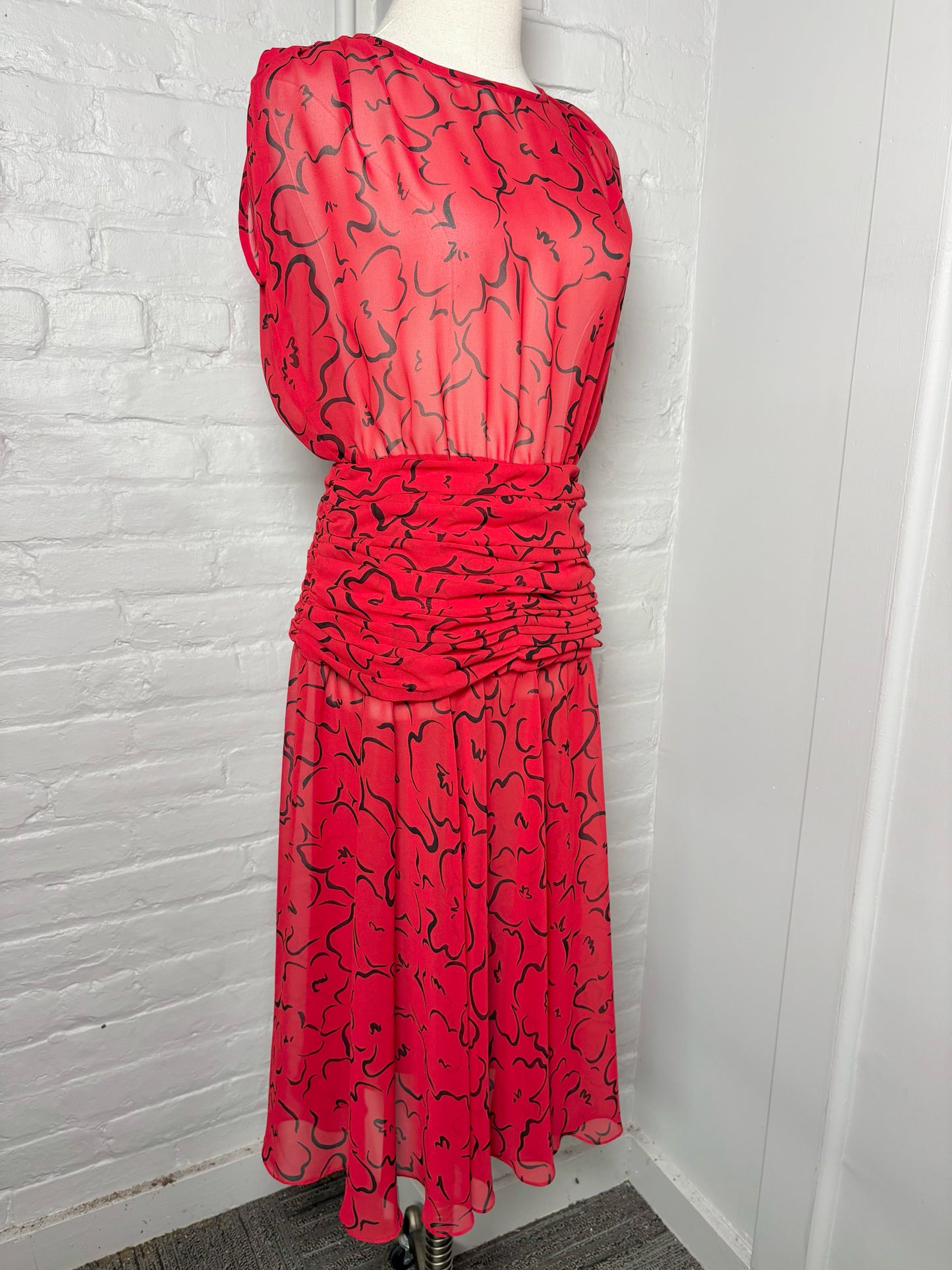 Women Size 4 Albert Nipon Red, Black Geometric Print Polyester Dress