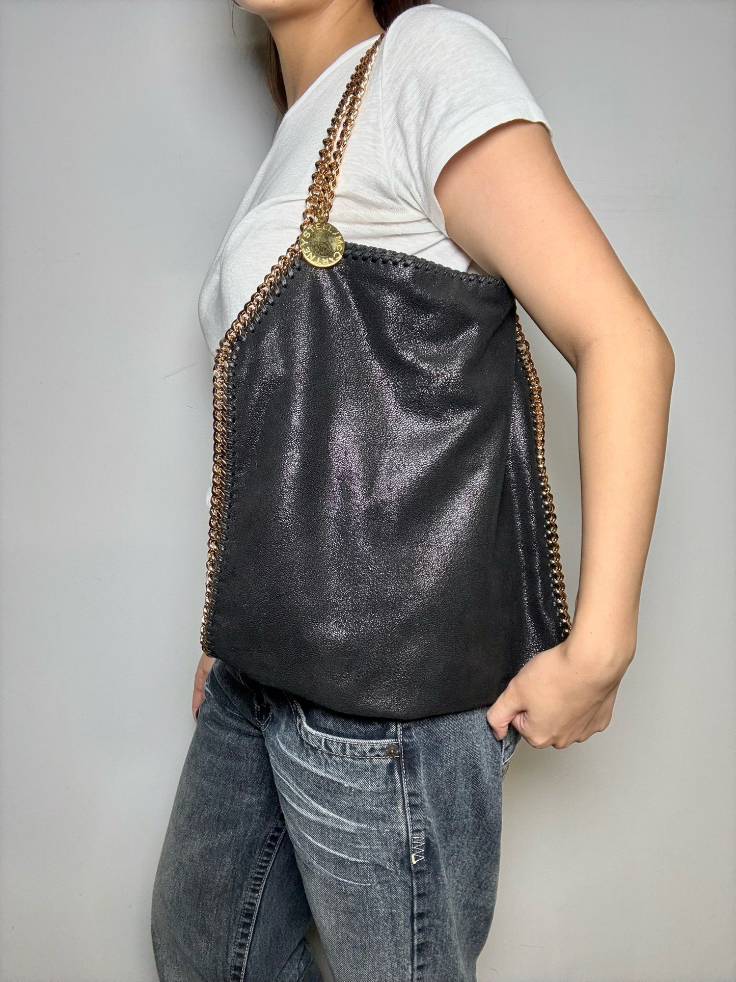 Stella McCartney Vintage Shaggy Deer Pre-owned Black & Gold Vegan Large Purse