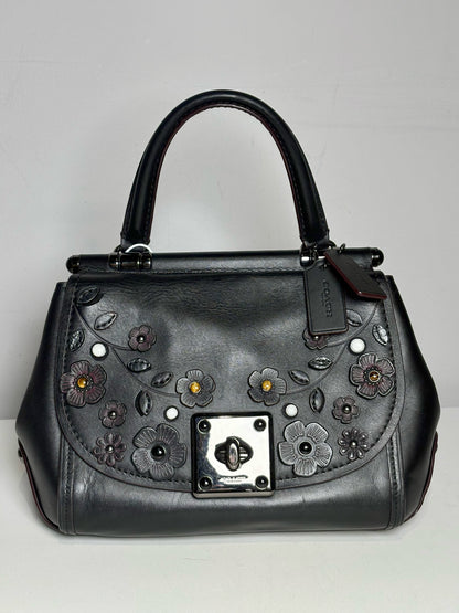 Women's Coach #54079 Willow Floral Leather Pre-owned Black Top Handle Rare Bag
