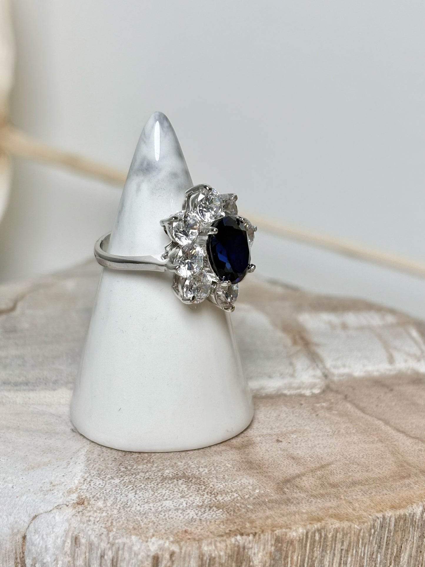 Sapphire 14K White Gold CZ Halo Sz 6 Princess Diana Inspired Ring