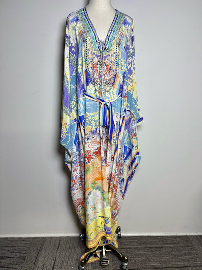 Women Size OS Camilla Floral Print Crystal Beads Silk Kaftan Pre-owned Dress