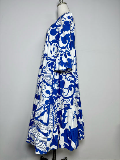 Women Size M Double J Blue, White Print Cotton Pre-owned Maxi Dress