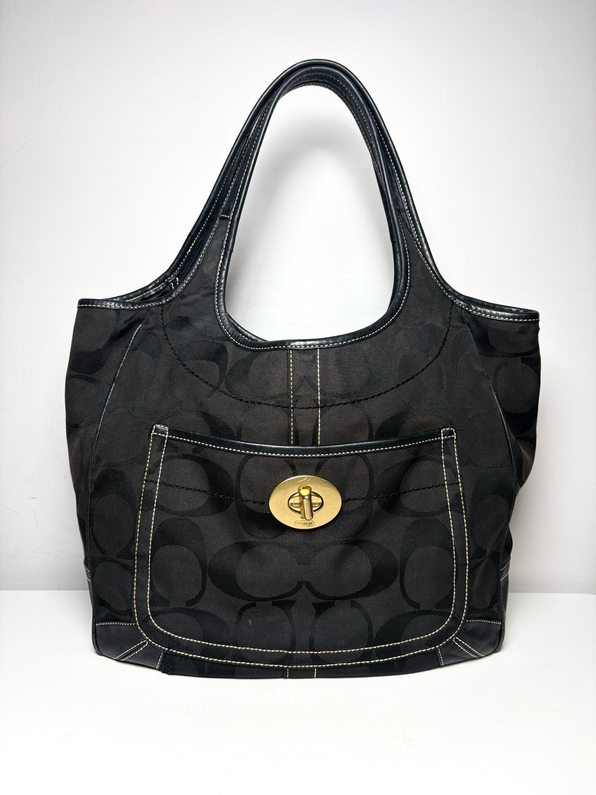 Women's Coach Ergo Signature 10767 Black Monogram Canvas Vintage Rare Pre-Owned Large Tote