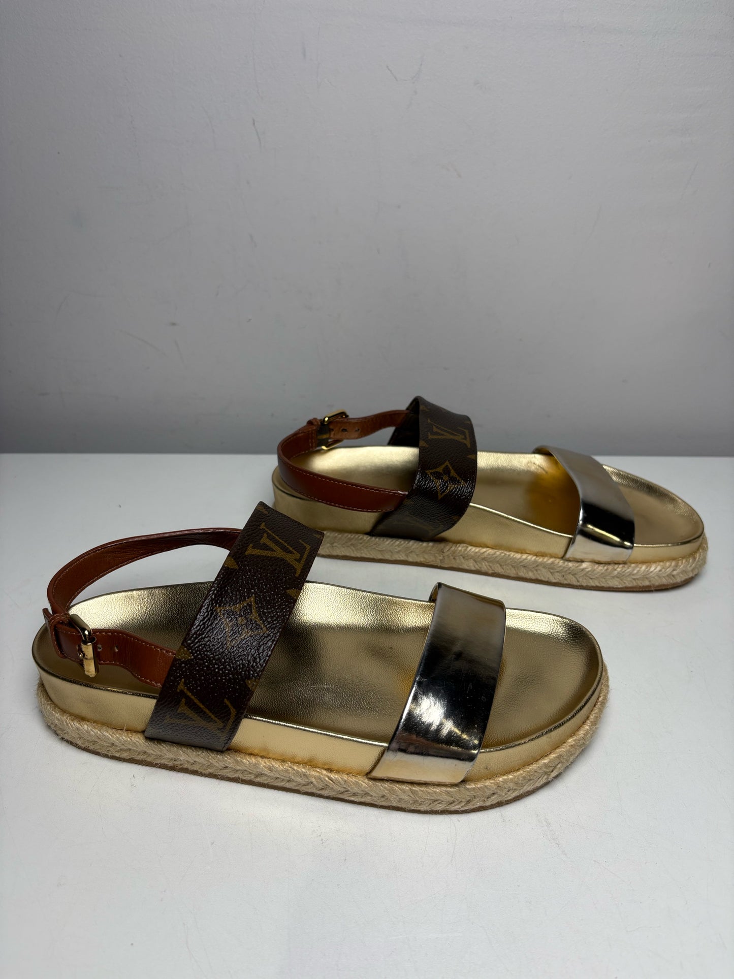 Women's Shoe Size 37 Louis Vuitton Odyssey Gold Brown Leather Authentic Pre-Owned Espadrille Sandals