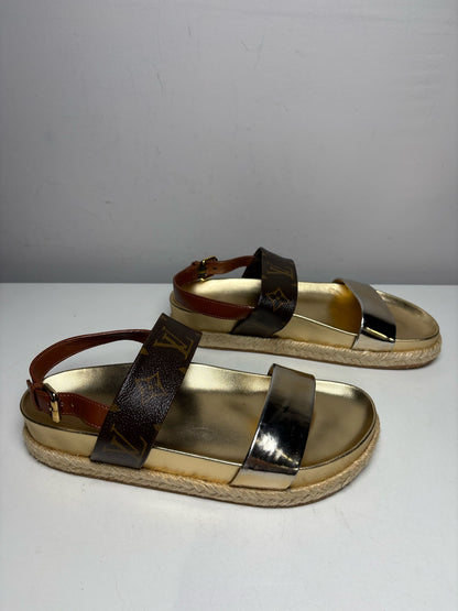 Women's Shoe Size 37 Louis Vuitton Odyssey Gold Brown Leather Authentic Pre-Owned Espadrille Sandals