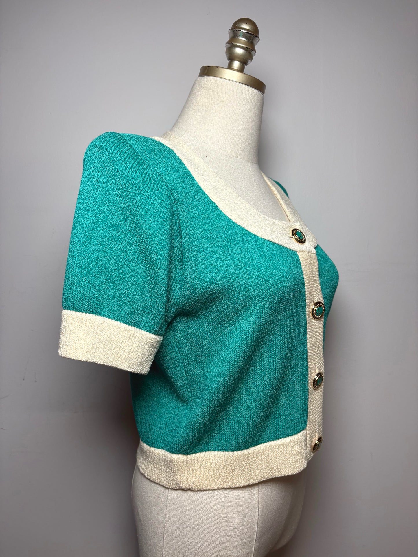Women's Size S St. John Teal & Cream Knit Vintage Pre-Owned Cropped Cardigan