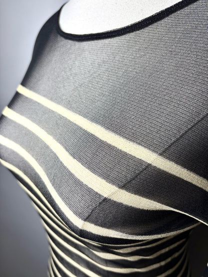 Women Size M Fuzzi Jean Paul Gaultier Black, Beige Striped Vintage 1990s Mesh Top