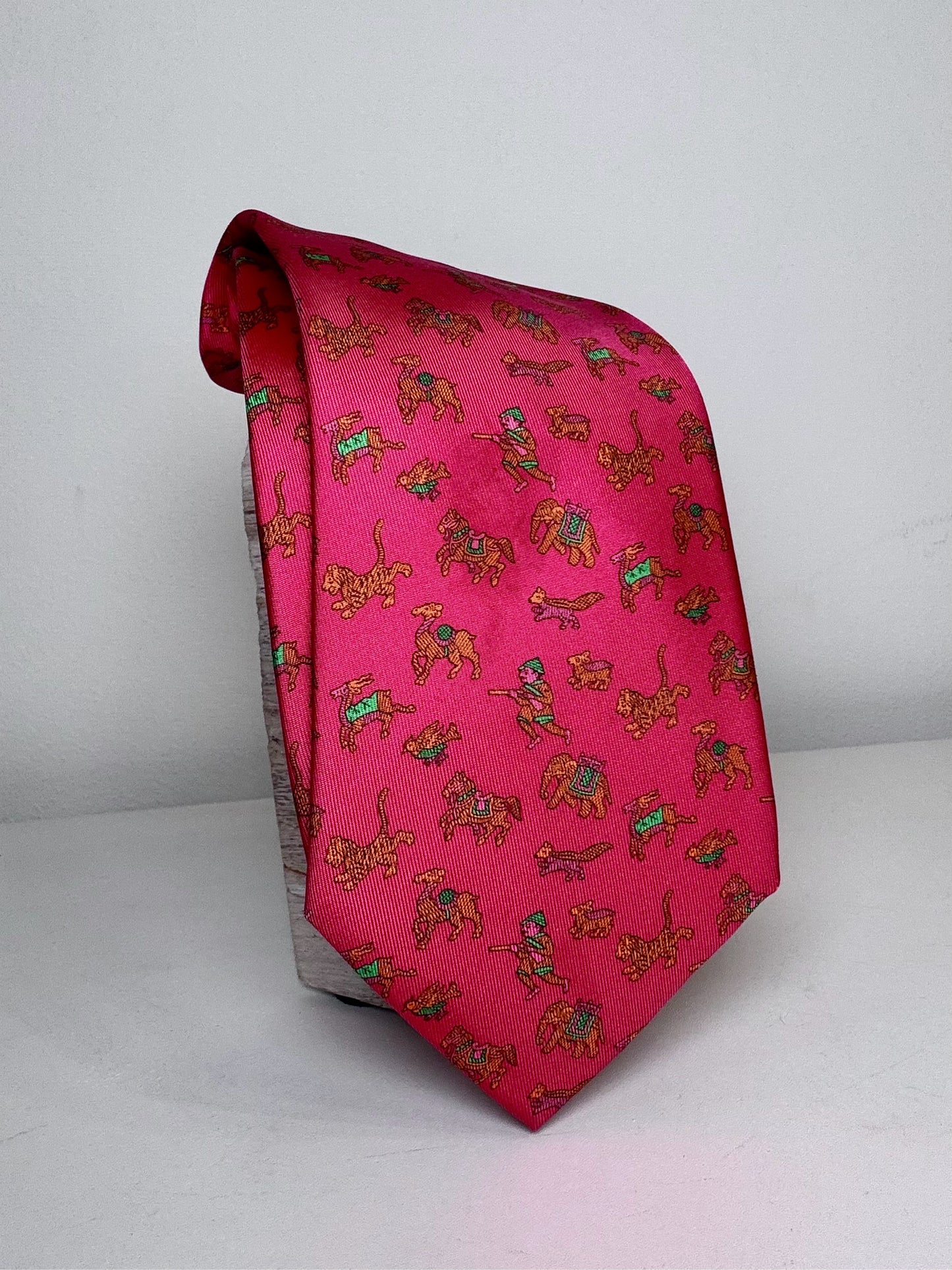 Hermes Pink Silk Safari Tiger Camel Men's Pre-owned Tie
