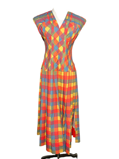 Women Size 2 Tory Burch Orange, Mustard, Green, Blue & Plum Plaid Cotton Dress