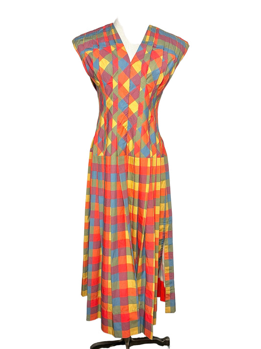Women Size 2 Tory Burch Orange, Mustard, Green, Blue & Plum Plaid Cotton Dress