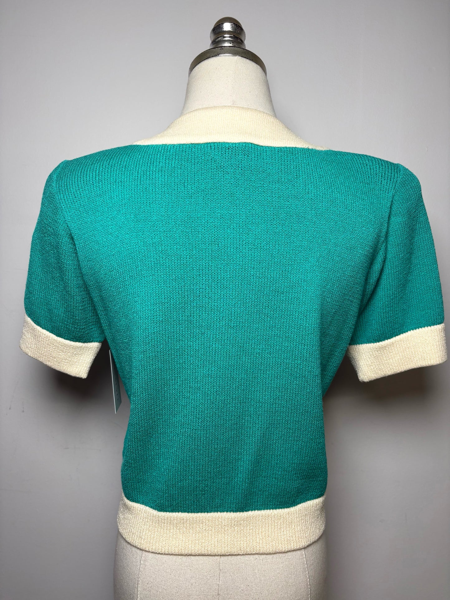 Women's Size S St. John Teal & Cream Knit Vintage Pre-Owned Cropped Cardigan