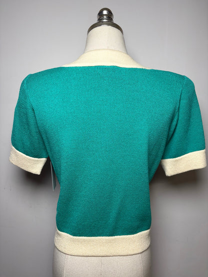 Women's Size S St. John Teal & Cream Knit Vintage Pre-Owned Cropped Cardigan