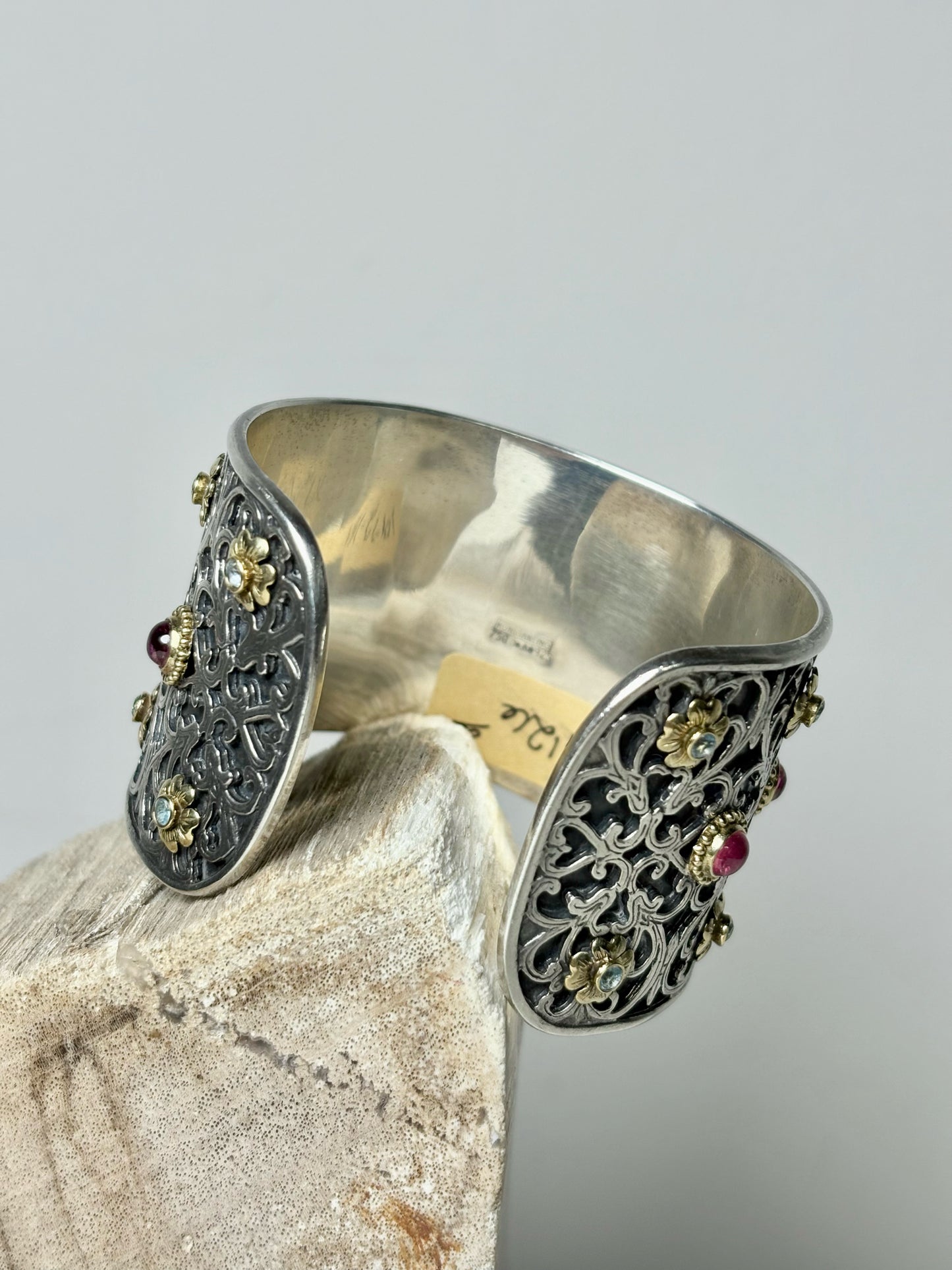 Konstantino Filigree Pink Tourmaline, Blue Topaz Cuff 18K Gold, 925 Cuff