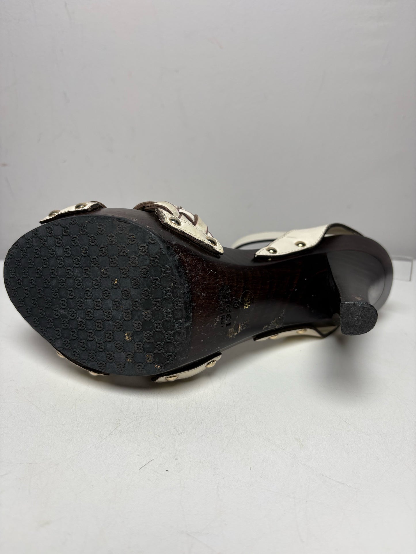 W Shoe Size 6.5 Gucci Brown, White Leather, Wood Women's Pre-owned Heels