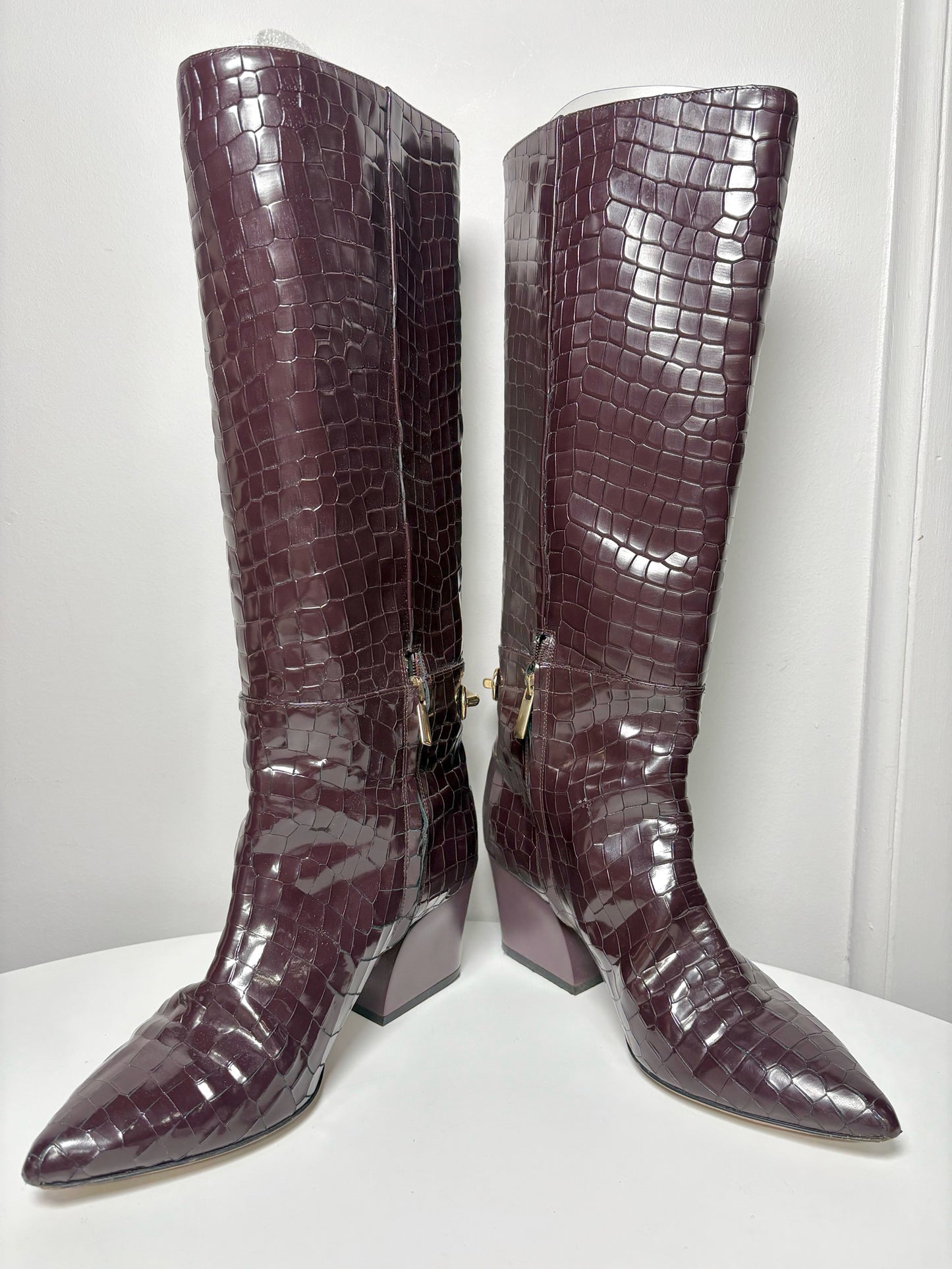 Tall Boots TIBI Croc Embosssed Burgundy Sz 10.5 Gold-tone Hardware