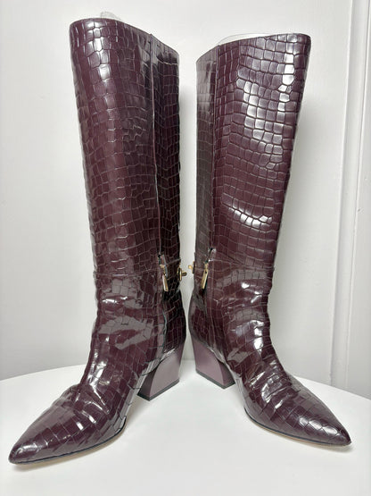 Tall Boots TIBI Croc Embosssed Burgundy Sz 10.5 Gold-tone Hardware