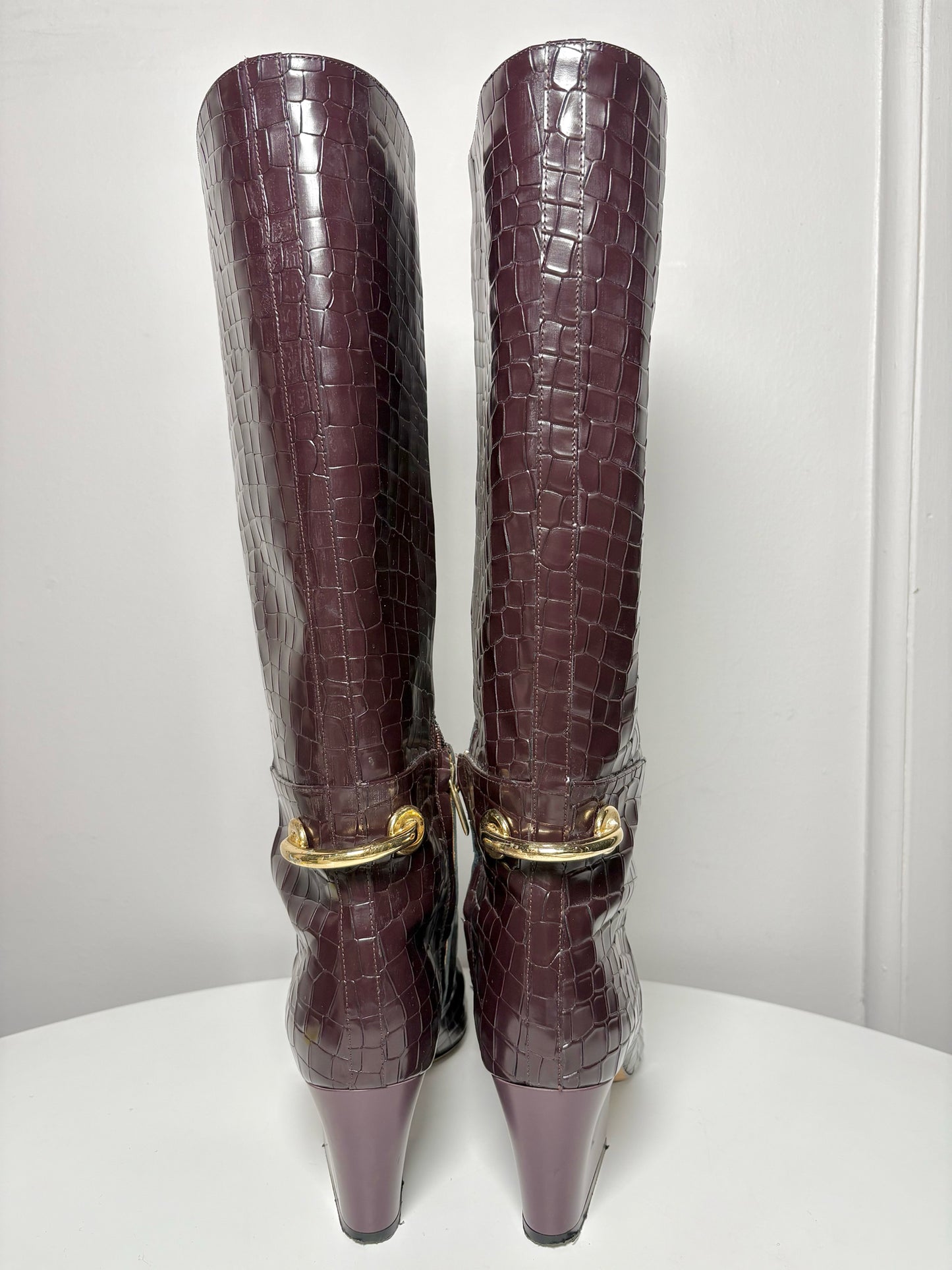 Tall Boots TIBI Croc Embosssed Burgundy Sz 10.5 Gold-tone Hardware