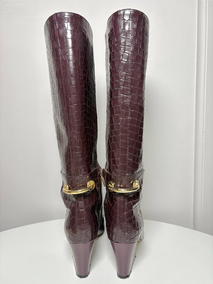 Tall Boots TIBI Croc Embosssed Burgundy Sz 10.5 Gold-tone Hardware