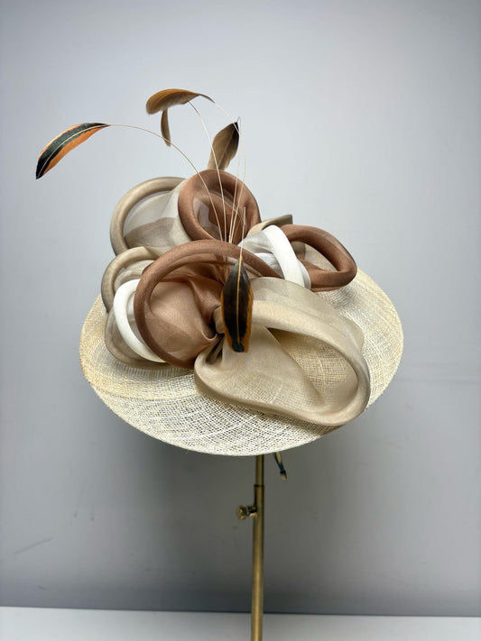 Christine A. Moore Tan Mesh & Rattan Pre-Owned Fascinator Headband Hat