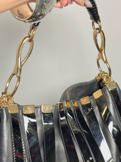 Patent Leather Versace Stripe Vintage Black & Gold Large Purse