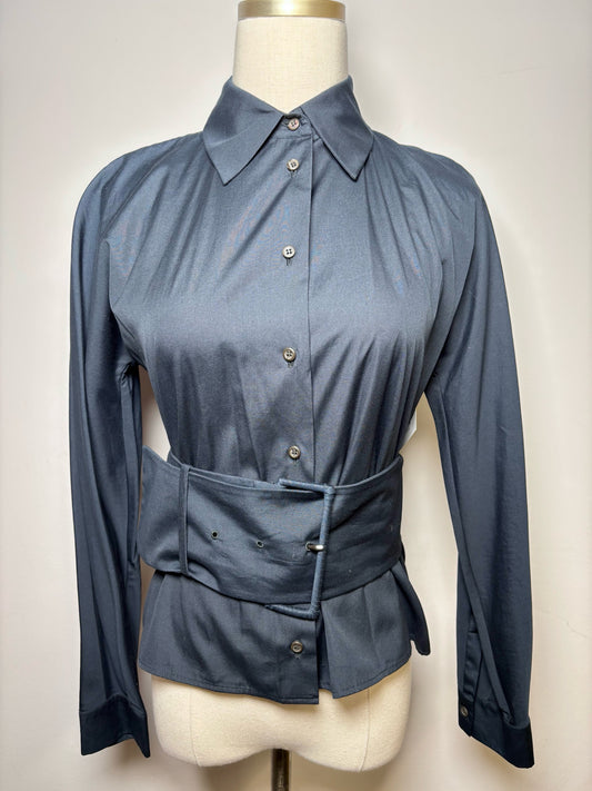 Women Size 42 ( 6 US) Prada Navy Blue Solid Pure Cotton LS Oxford Shirt