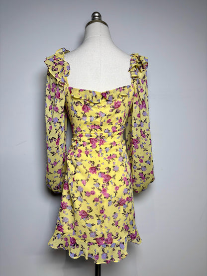 Women Size L For Love & Lemons Yellow Floral Print 92% Silk  Dress
