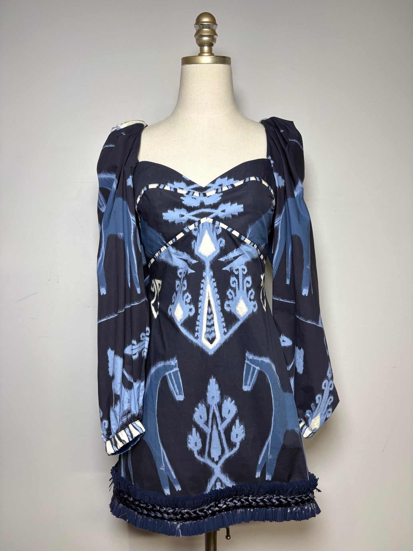 Women's Size S Johanna Ortiz Blue & White Aztec Print Organic Cotton Pre-Owned Mini Dress