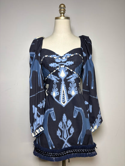 Women's Size S Johanna Ortiz Blue & White Aztec Print Organic Cotton Pre-Owned Mini Dress