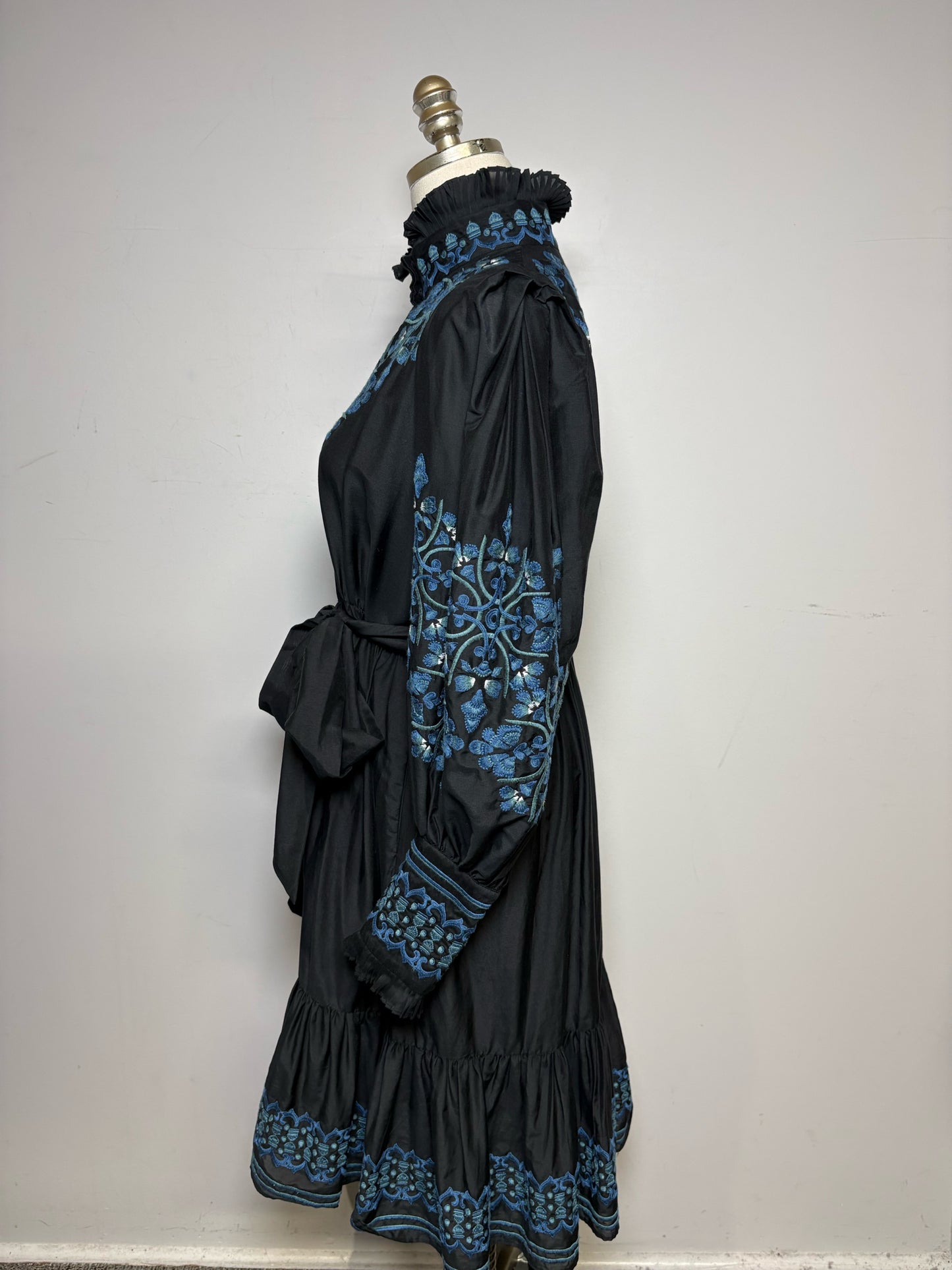 Women Size S Kobi Halperin Black Blue Embroidered Cotton Silk Pre-Owned Dress