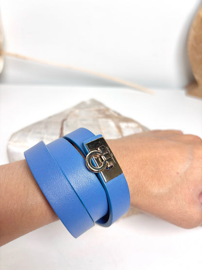 Salvatore Ferragamo Blue Gancini Double Wrap Leather Gold Logo Bracelet