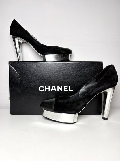 W Shoe Size 41.5 Chanel Black, Silver Leather Suede Pre-owned Heels