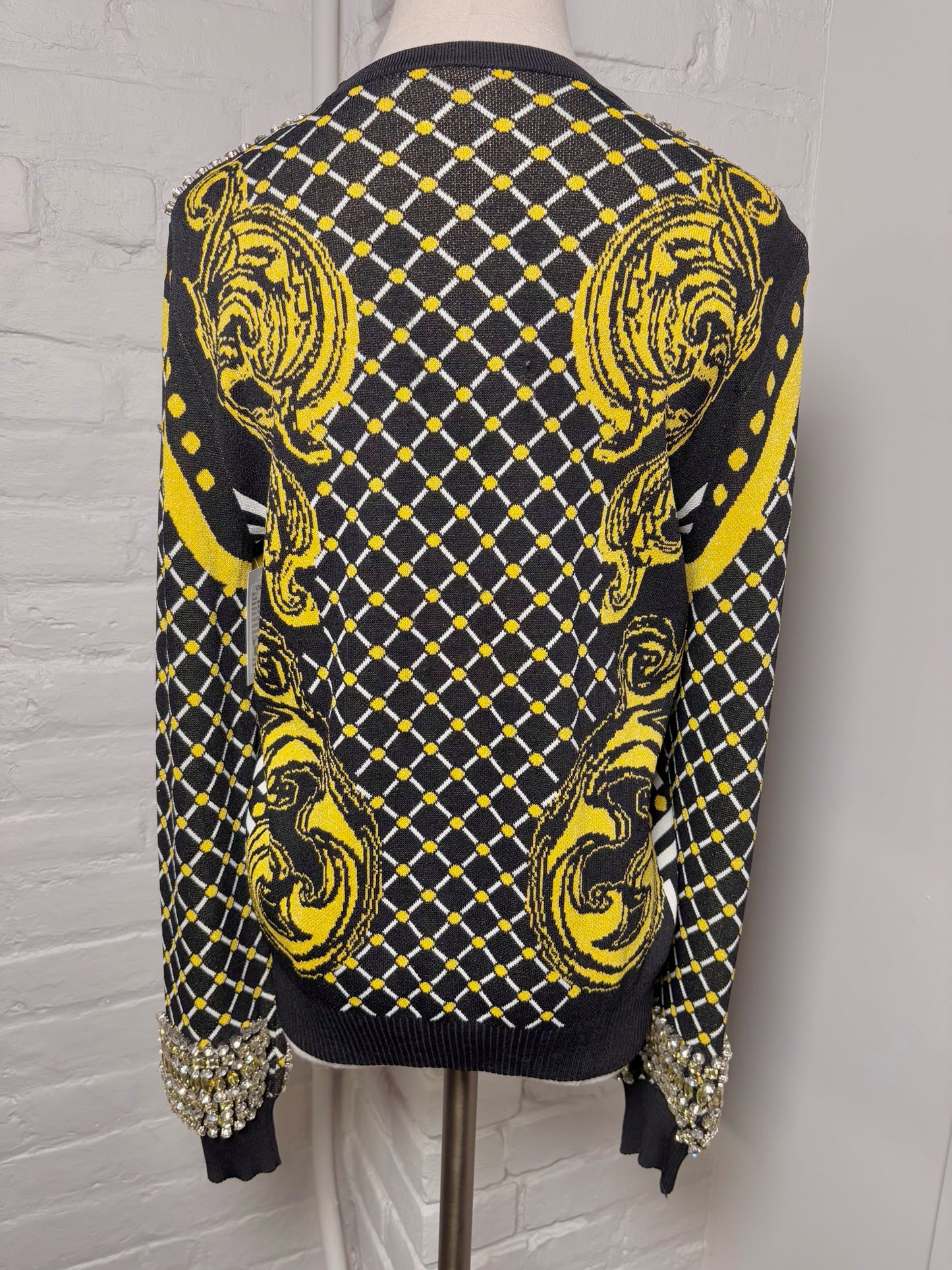 Women Size M Karen Millen Yellow, Black, Red Crystals, Swirls Knit Sweater