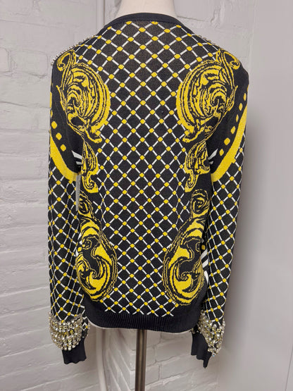 Women Size M Karen Millen Yellow, Black, Red Crystals, Swirls Knit Sweater