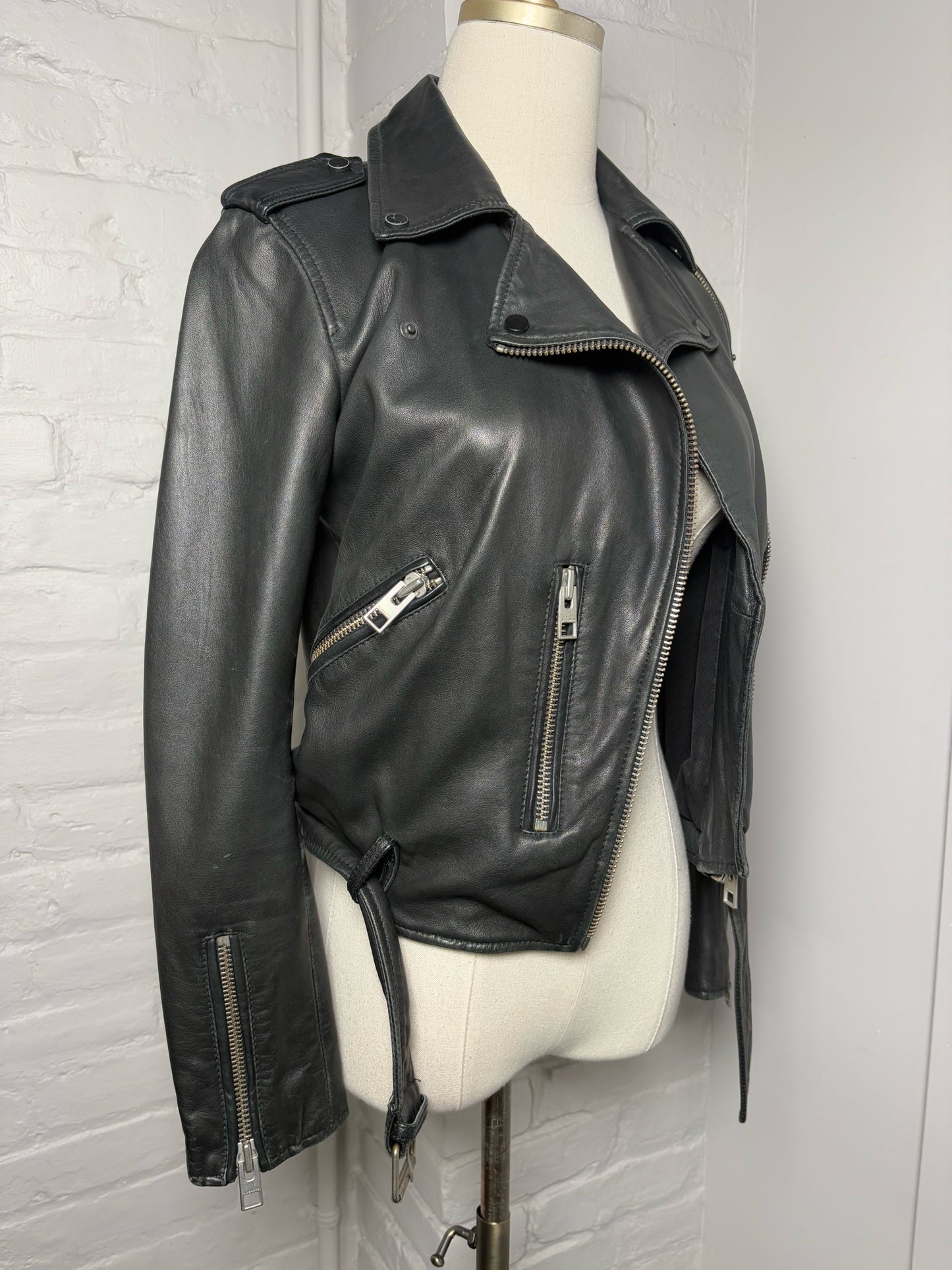 Women Size S All Saints Black Solid Leather Jacket