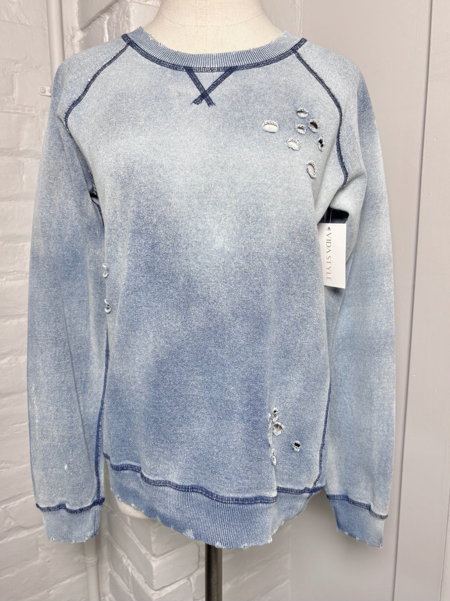 Women Size S Etienne Marcel Los Angeles Blue Acid Wash Cotton Sweatshirt