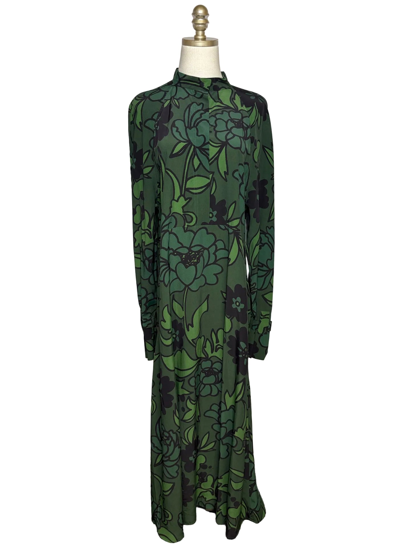 Women Size 40 Christian Wijnants Dark Green Black Floral Rayon Pre-Owned Maxi Shirt Dress