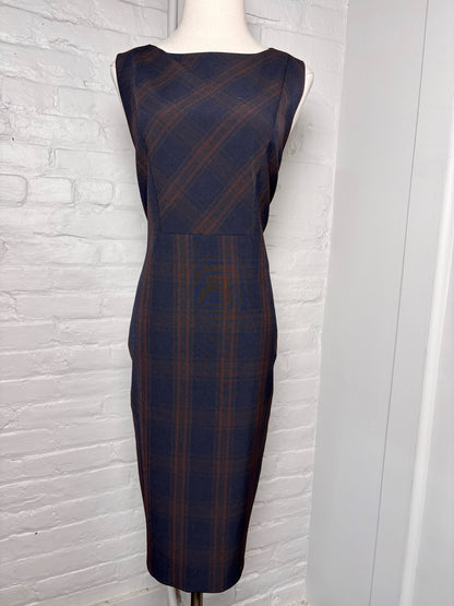 Women Size 10 Elie Tahari Navy, brown Plaid Polyester Blend Dress