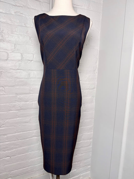 Women Size 10 Elie Tahari Navy, brown Plaid Polyester Blend Dress
