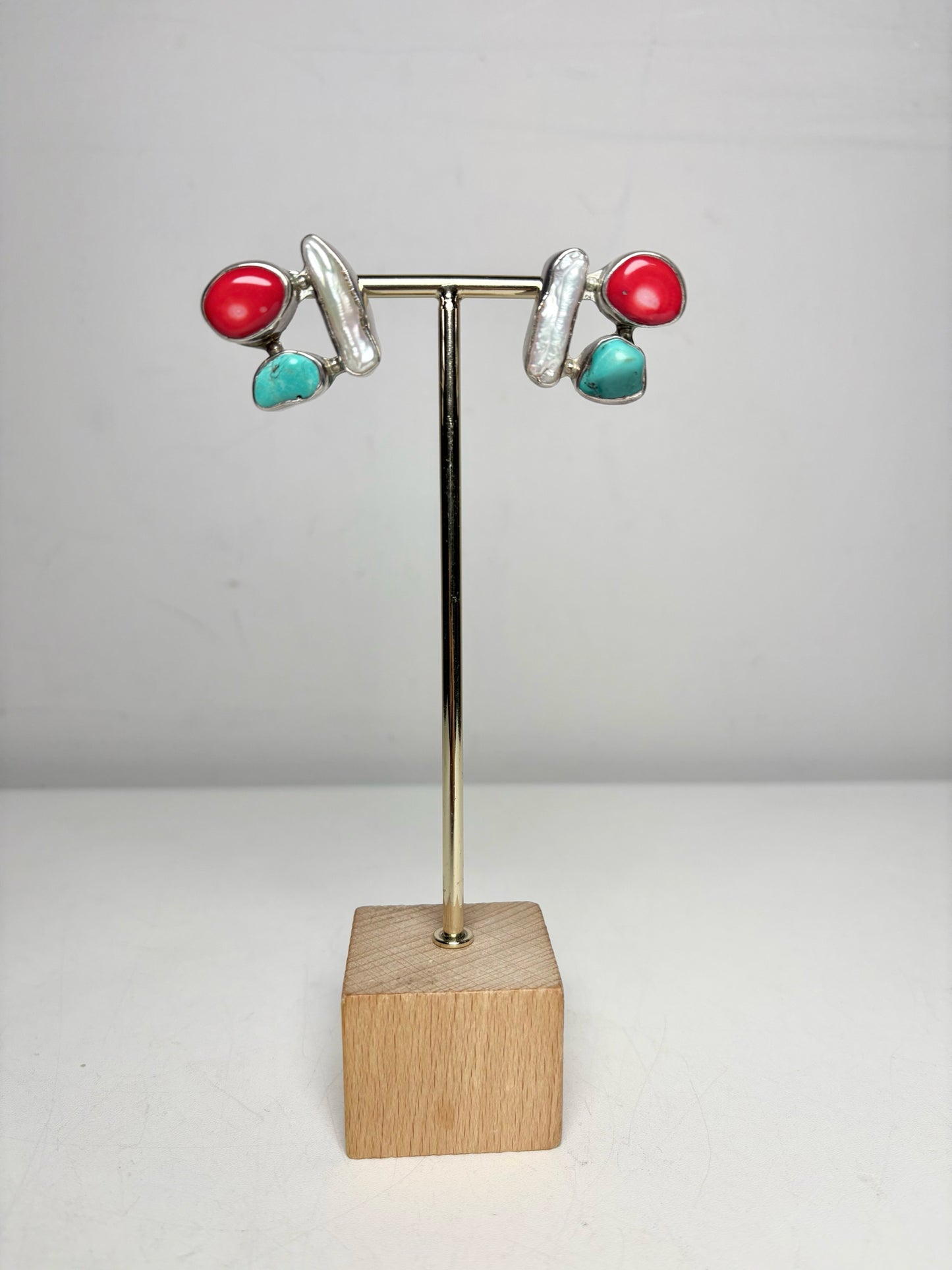Pre-owned Baroque Pearl, Red Coral, Turquoise Statement Post Earrings
