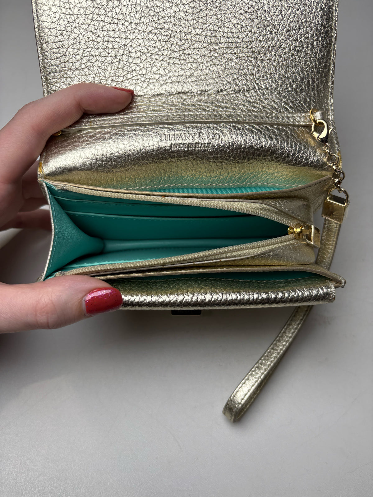 Women's Authentic Tiffany & Co. Metallic Gold Cowhide Leather Pre-Owned Small Crossbody Bag