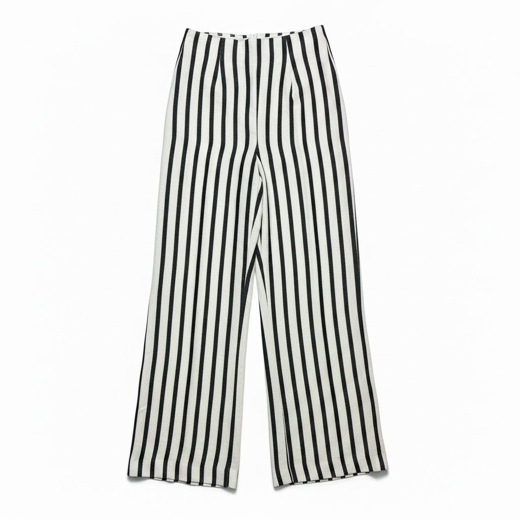 Women Size 2 St. Agni White & Black Striped Linen Cotton Blend Pre-Owned Wide-Leg Pants