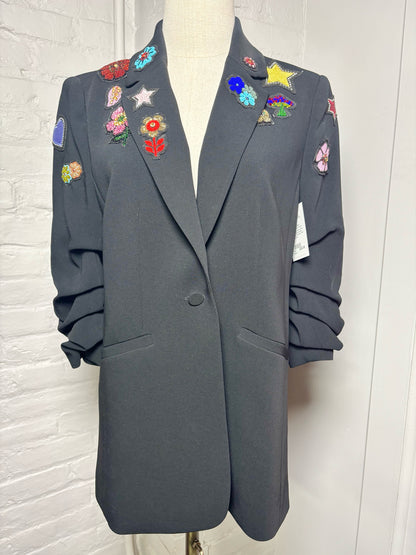 Women Size 4 Cinq a Sept Black Patches, Beads Embellishments Blazer