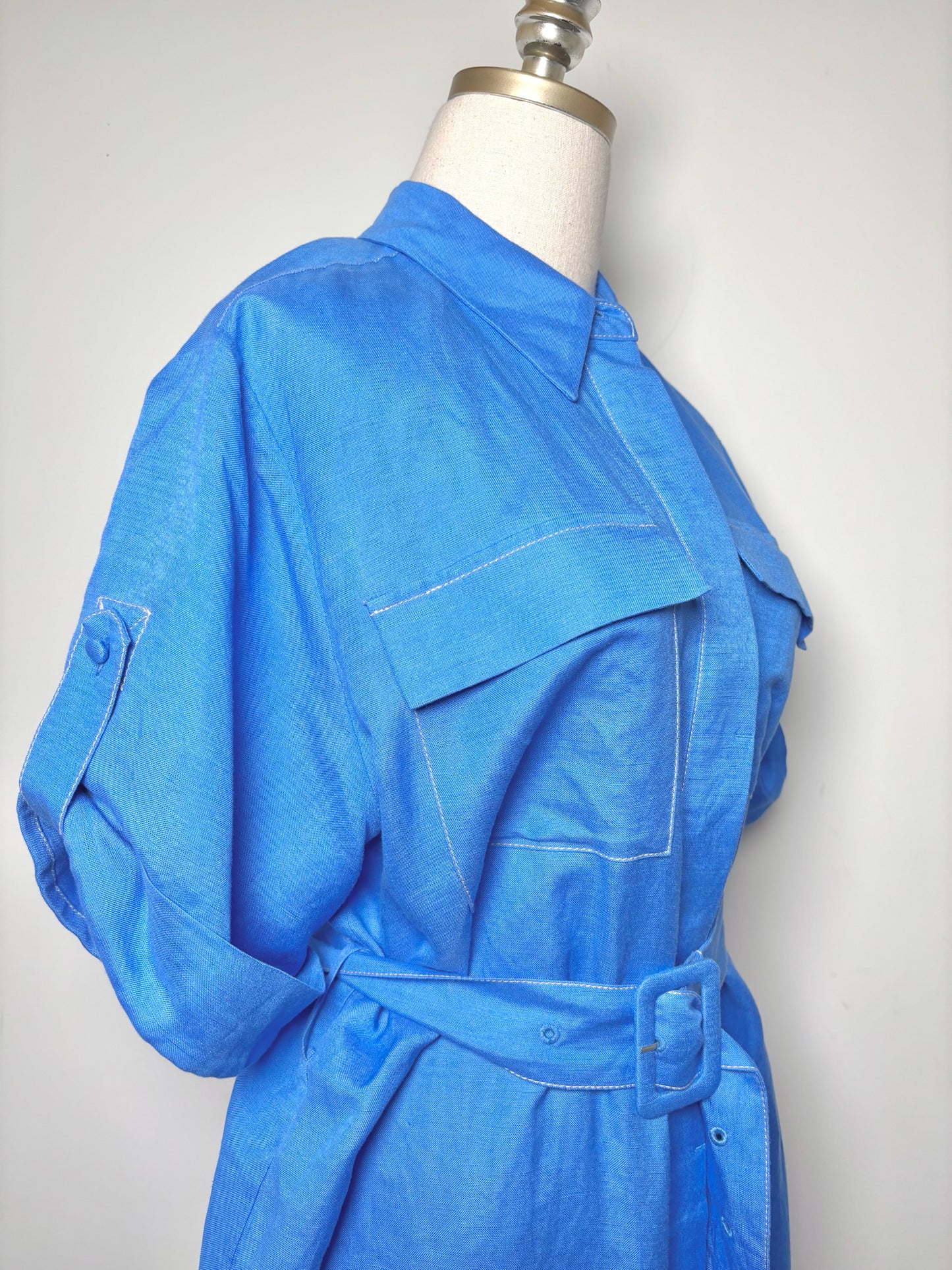 Women Size M Hunter Bell Blue Solid Linen Dress