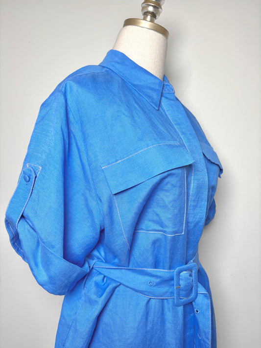 Women Size M Hunter Bell Blue Solid Linen Dress