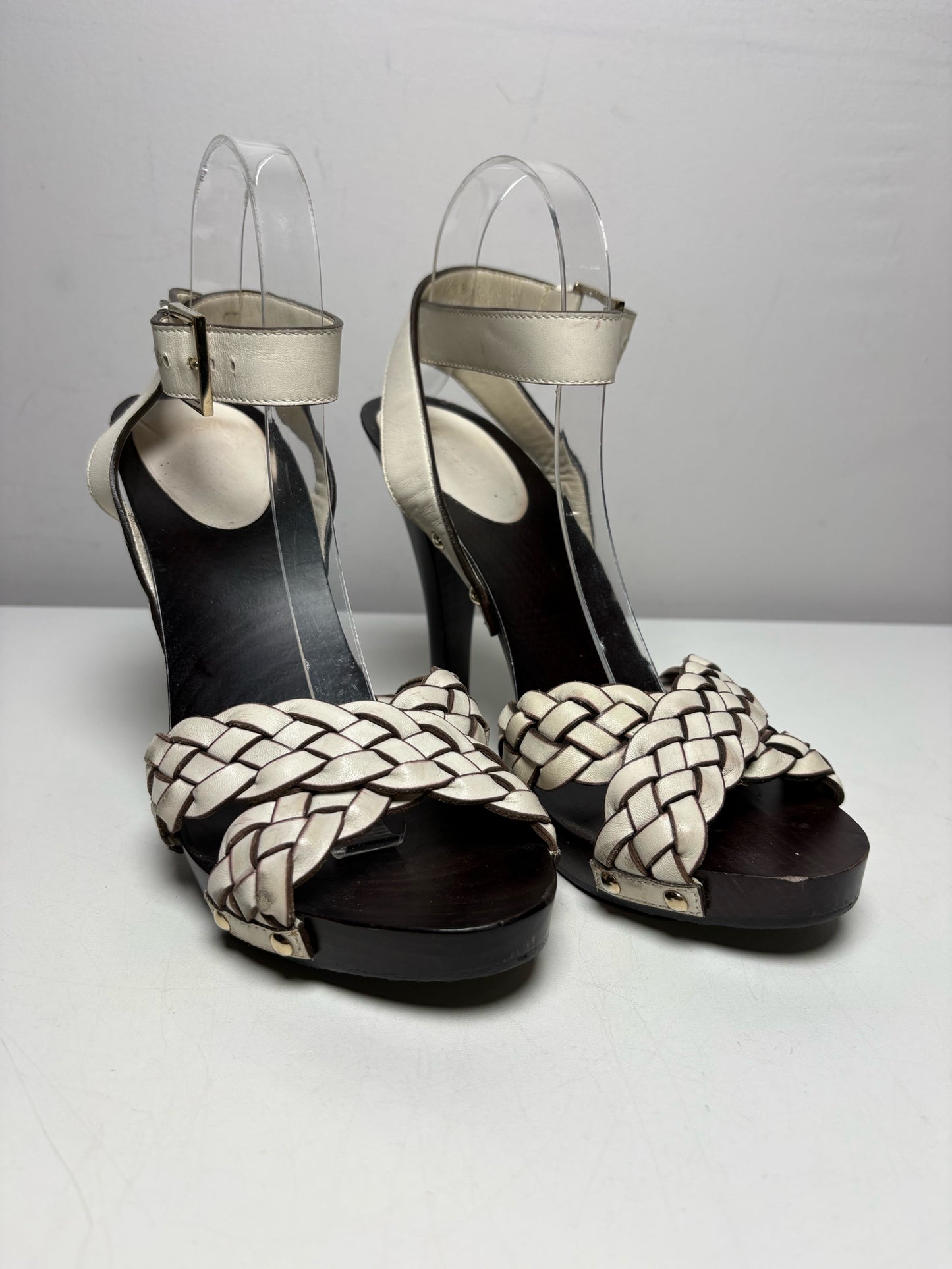 W Shoe Size 6.5 Gucci Brown, White Leather, Wood Women's Pre-owned Heels