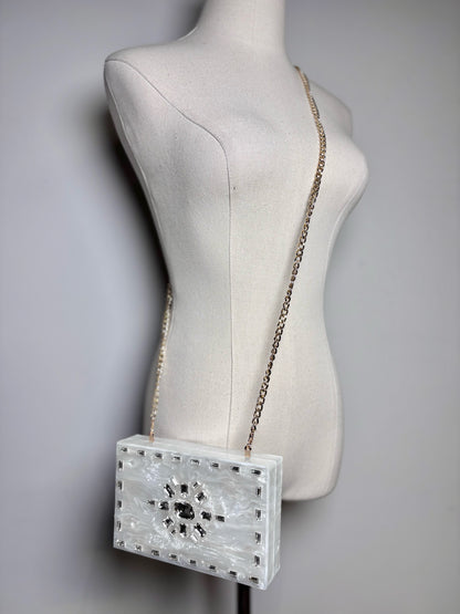 Asha Pearlescent Hardshell Crystal Embel  Pre-owned, NWT White Small Purse